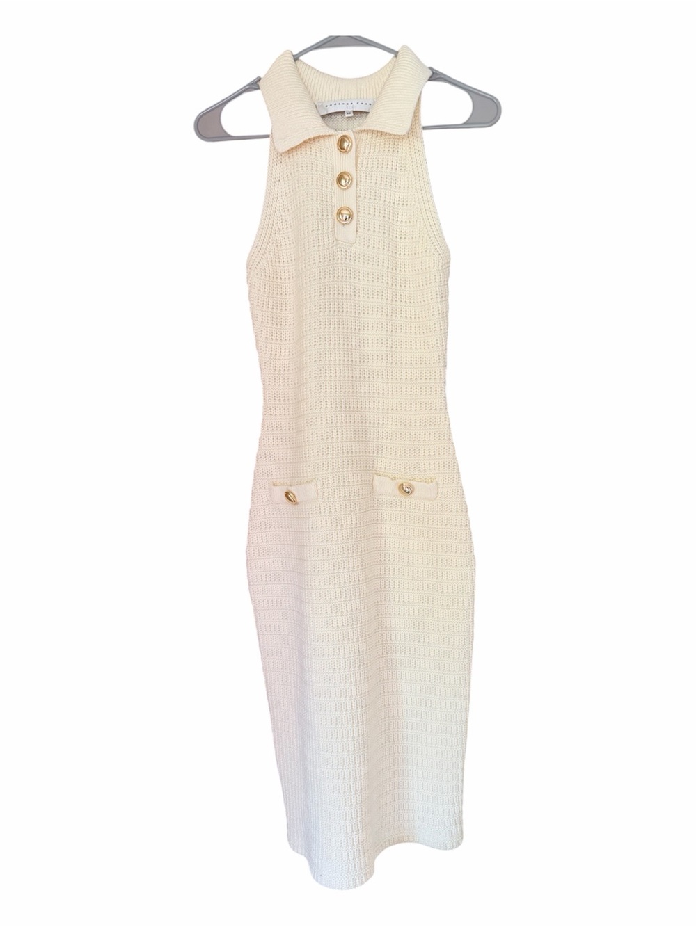 Anthropology Endless Rose Sleeveless Collared Cream Knit Crochet Mini Dress. XS - Picture 5 of 6